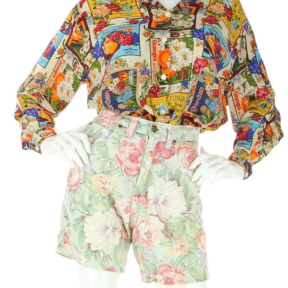 Vintage Zena Floral Flower Pastel Disco Mom High Waist Denim Jean Shorts 24